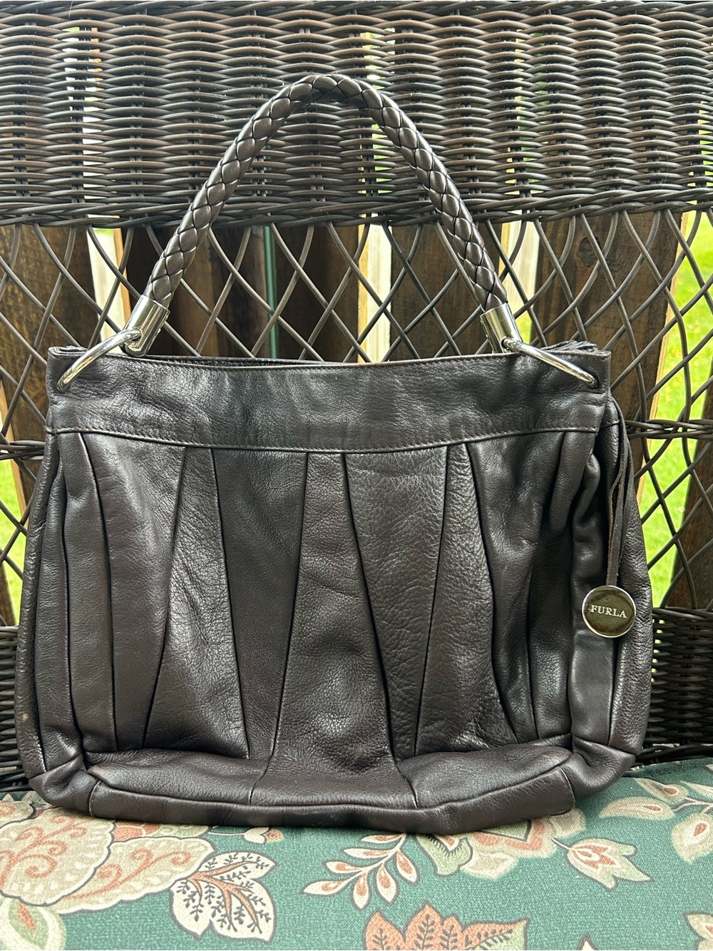 Furla Genuine Italian Chocolate Leather Braided-Handle Shoulder Bag